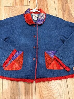Blue Denim Vintage Jacket  with Red Crochet Trim and Colorful Patch Pockets